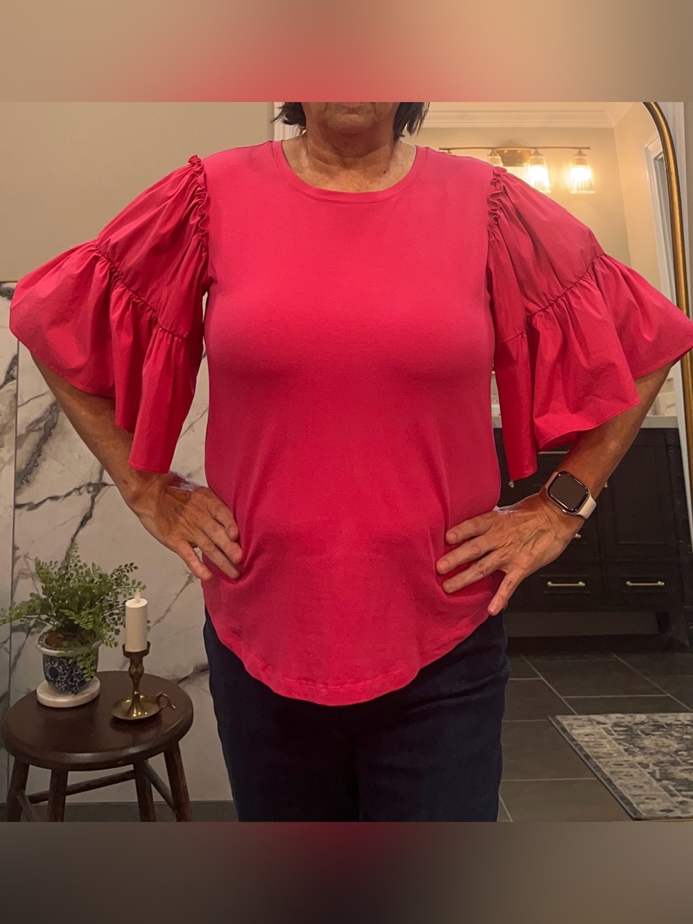 Chico's Hot Pink Ruffle Sleeve Crewneck Top